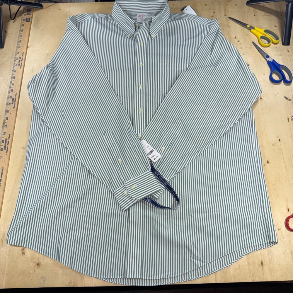 Brooks Brothers 346 Mens 17.5 36/37 Green Stripe Non-Iron Regular Fit Shirt NWT